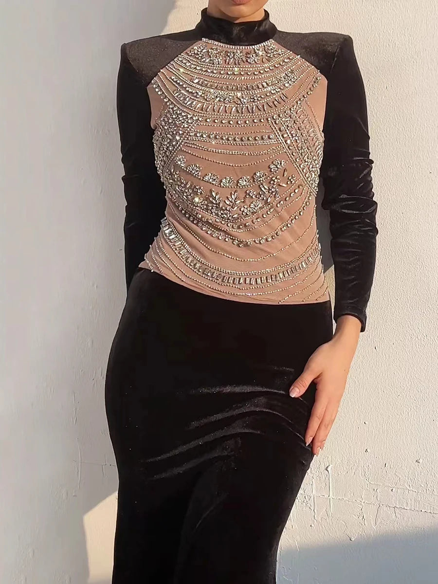 Hit Color Spliced Diamonds Slimming Dresses For Women O Neck Long Sleeve High Waist Temperament Dress Female New