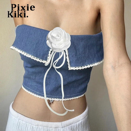 Load image into Gallery viewer, 3d Flower Applique Halterneck Backless Camisole Tops for Women Blue Denim Patchwork Going Out Tops Y2k Clothes P71CZ12
