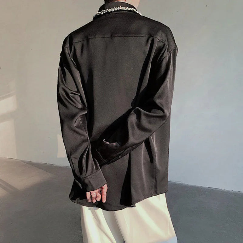 Korean Men's Shirts Long Sleeve New Summer Bead Decoration Turn-down Collar Trendy Single Breasted Male Clothing 9W1701