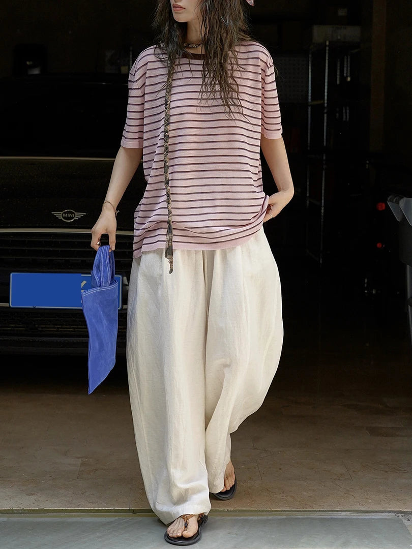 Yellow Stripe Thin Big Size Knitting Sweater Round Neck Half Sleeve Women Pullovers New Fashion Spring Summer 2025 1DJ1626