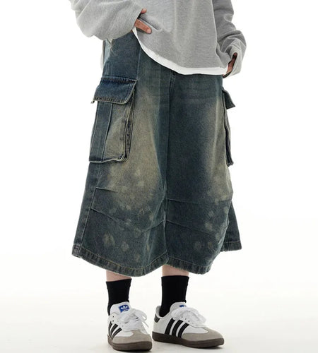 Men's Short Jeans American Summer Workwear Cowboy Shorts Wrinkle Design Cropped Trousers Loose Pants Streetwear 9W1475