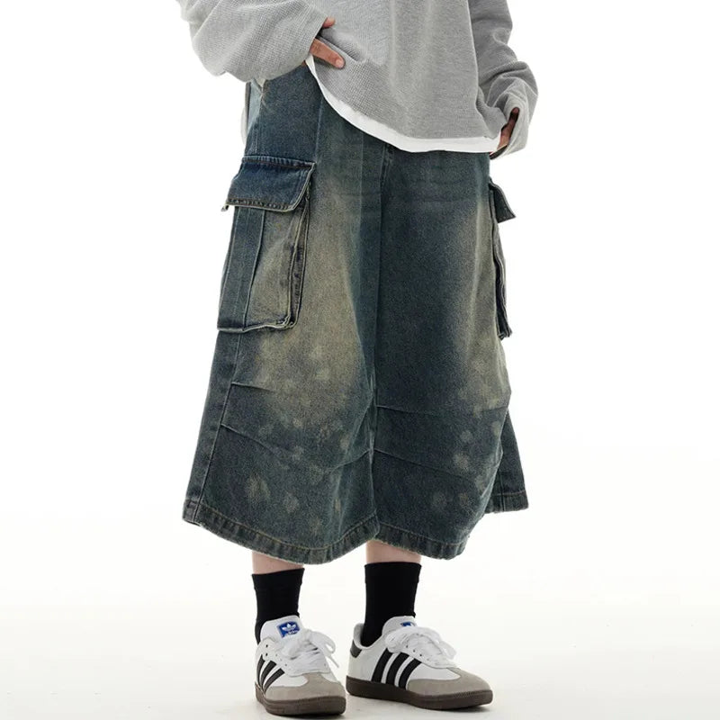 Men's Short Jeans American Summer Workwear Cowboy Shorts Wrinkle Design Cropped Trousers Loose Pants Streetwear 9W1475