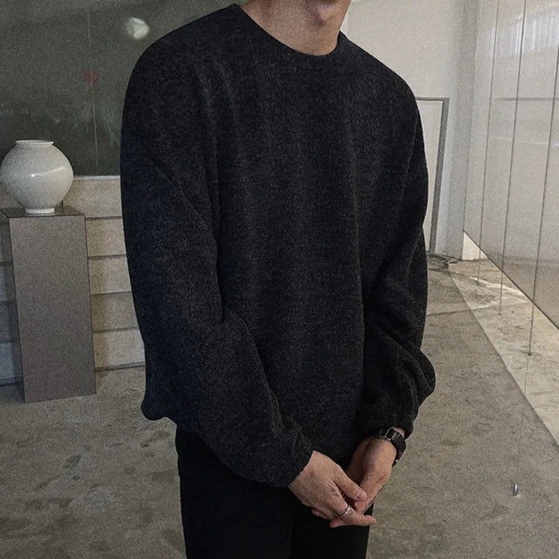 Men Long Sleeve Sweatshirts Round Neck Design New Spring Korean Loose Solid Color Casual Pullover Male Clothing 9W1484