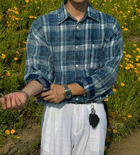 Men's Long Sleeve Shirts Plaid Male Spring Loose Single Breasted Casual Top Korean Trendy Lapel Clothing Tide 9W1486