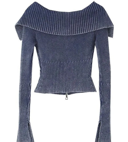 Autumn Y2K Knitted Women Cardigan Sweater Wrist Sleeve Slim Turn-Down Up Collar Double Zippers Female Crop Top C-192