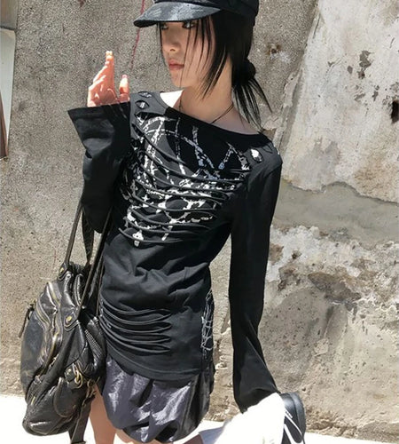 Y2k Aesthetic Vintage Slim Fit T-Shirt Women Streetwear Printing Hip Hop Goth Tops Harajuku Vintage Hollow Out Grunge Tees 2025