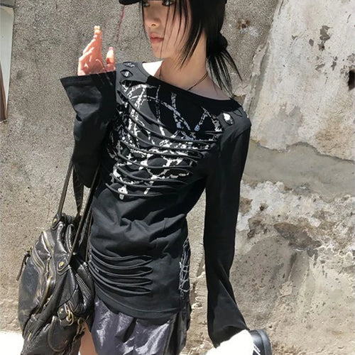 Load image into Gallery viewer, Y2k Aesthetic Vintage Slim Fit T-Shirt Women Streetwear Printing Hip Hop Goth Tops Harajuku Vintage Hollow Out Grunge Tees 2025
