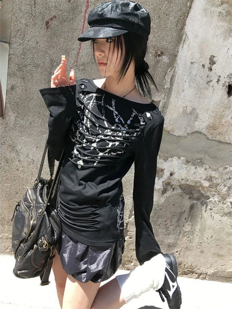 Y2k Aesthetic Vintage Slim Fit T-Shirt Women Streetwear Printing Hip Hop Goth Tops Harajuku Vintage Hollow Out Grunge Tees 2025