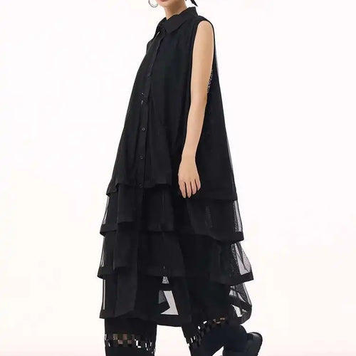 Load image into Gallery viewer, Women Black Layers Mesh Big Size Midi Vest Shirt Dress New Lapel Sleeveless Fashion Tide Spring Summer 2025 1DH9472
