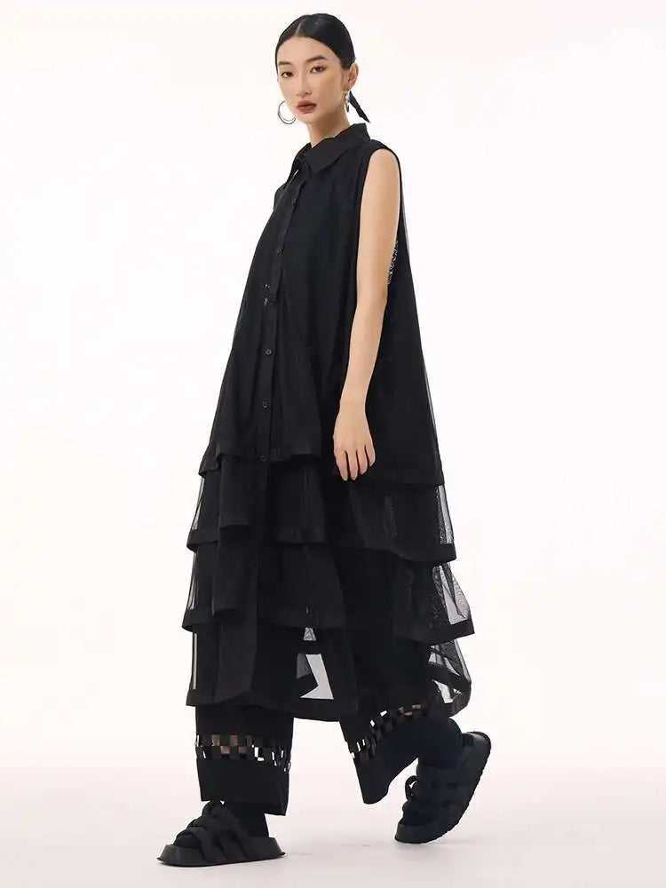Women Black Layers Mesh Big Size Midi Vest Shirt Dress New Lapel Sleeveless Fashion Tide Spring Summer 2025 1DH9472