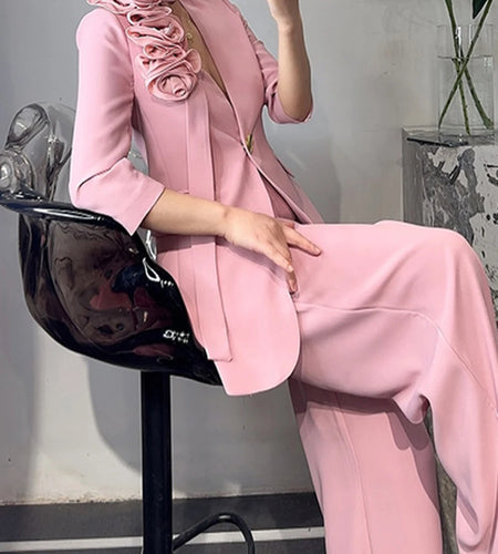 Elegant Two Piece Sets for Women V Neck Long Sleeves Spliced 3D Flower Blazer High Waist Wide Leg Pant Set Female