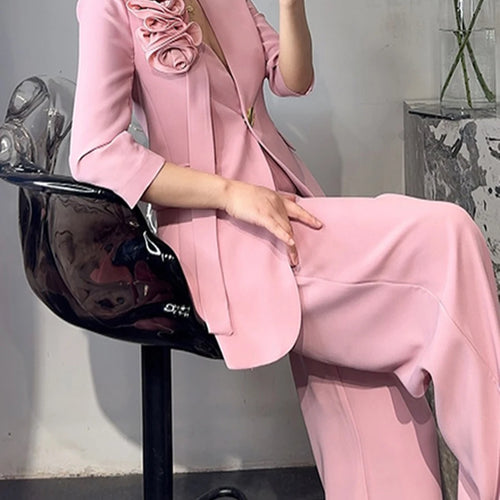 Load image into Gallery viewer, Elegant Two Piece Sets for Women V Neck Long Sleeves Spliced 3D Flower Blazer High Waist Wide Leg Pant Set Female
