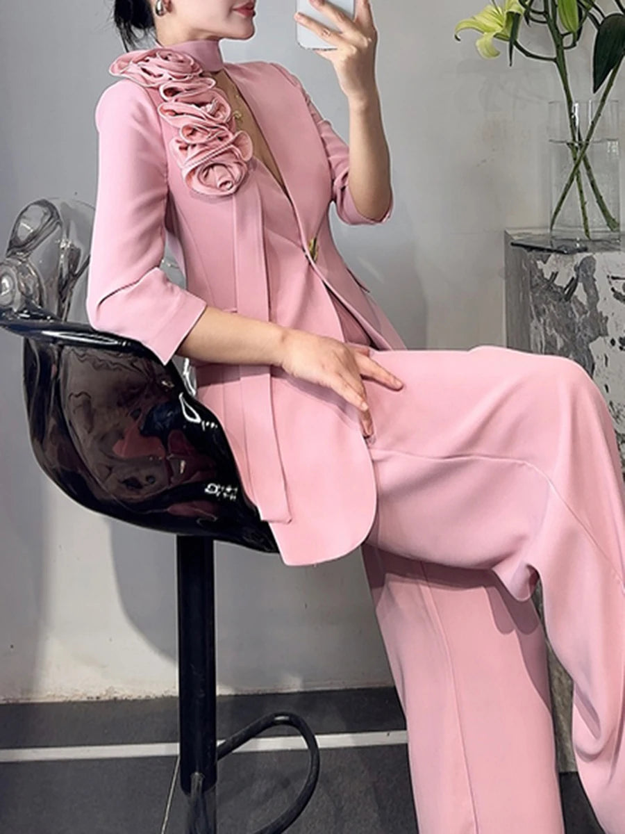 Elegant Two Piece Sets for Women V Neck Long Sleeves Spliced 3D Flower Blazer High Waist Wide Leg Pant Set Female