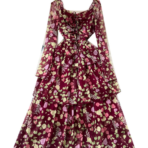 Load image into Gallery viewer, Vintage Autumn Flower Elegant Square Neck Lace-up Cake Dress Women Long Sleeves Festival Pleated Sundress Fashion Bohemian Trend
