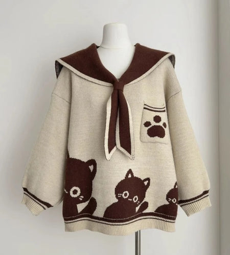 Preppy Style Grunge Kawaii Cute Cat Jacquard Sweaters Women Y2k Aesthetic Casual Loose Jumpers Autumn Contrast Color Pullovers