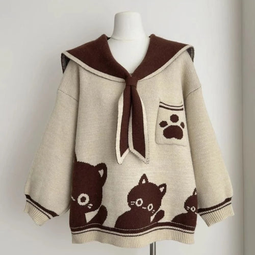 Load image into Gallery viewer, Preppy Style Grunge Kawaii Cute Cat Jacquard Sweaters Women Y2k Aesthetic Casual Loose Jumpers Autumn Contrast Color Pullovers
