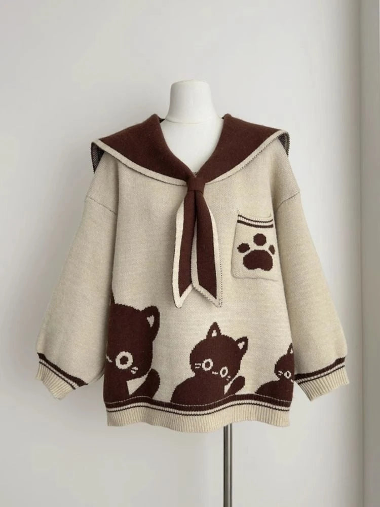 Preppy Style Grunge Kawaii Cute Cat Jacquard Sweaters Women Y2k Aesthetic Casual Loose Jumpers Autumn Contrast Color Pullovers