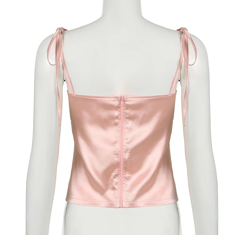 Hotsweet Strappy Pink Stain Corset Top Camisole Sexy Bow Cutecore Coquette Summer Crop Tops Ladies Clubwear Outfits