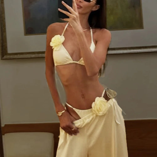 Load image into Gallery viewer, Beach Style 3D Flower Decoration 2 Piece Set Women Halter Low-Neck Bra Top+Solid Straight Pants Vacation Elegant Suis
