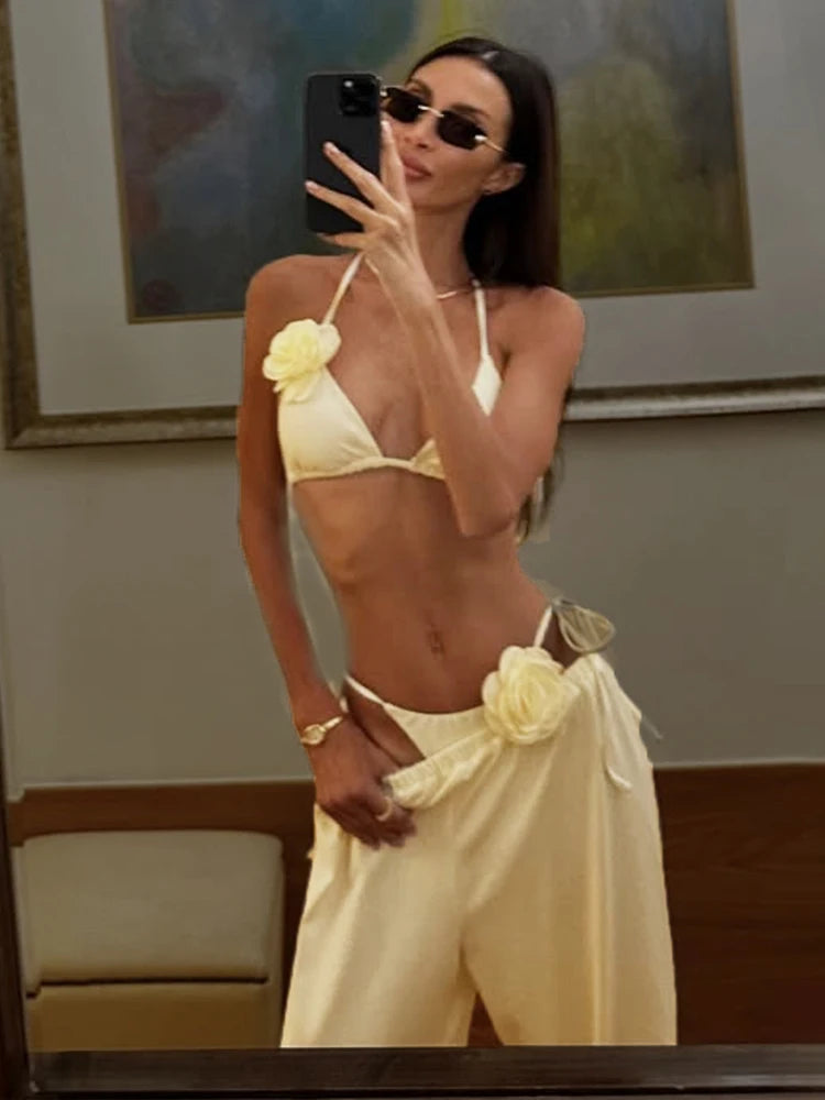 Beach Style 3D Flower Decoration 2 Piece Set Women Halter Low-Neck Bra Top+Solid Straight Pants Vacation Elegant Suis