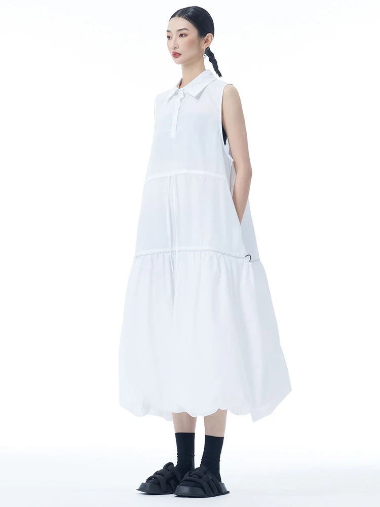 Women Black Brief Pleated Big Size Midi Bud Shirt Dress New Lapel Sleeveless Fashion Tide Spring Autumn 2025 1DJ0955