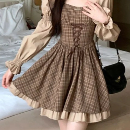 Load image into Gallery viewer, Vintage Plaid Striped Bandage Kawaii Dress Party Lolita Elegant Birthday Preppy Style School Student Dresses Y2K
