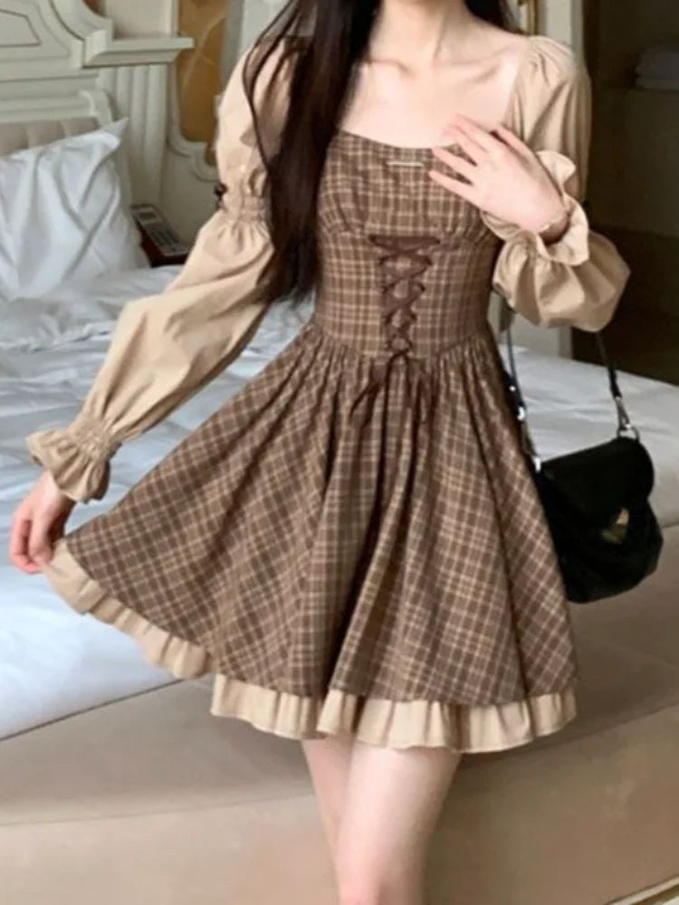 Vintage Plaid Striped Bandage Kawaii Dress Party Lolita Elegant Birthday Preppy Style School Student Dresses Y2K