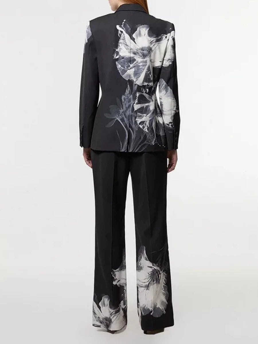 Slimming Printing Two Piece Sets for Women Lapel Long Sleeves Spliced Button Balzer High Waist Pant Set Female New