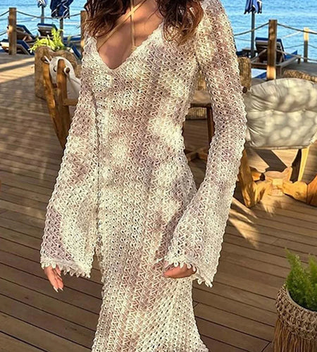 Long Sleeve See Through Crochet Knitted Tunic Beach Cover Up Cover-ups Beach Dress Beach Wear Beachwear Female Women V5441