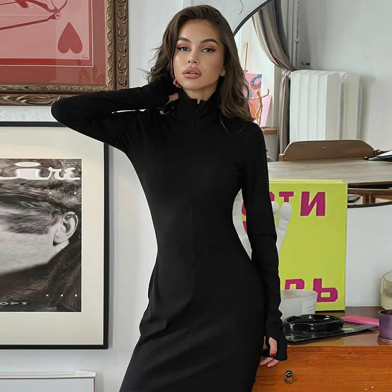 Elegant Turtleneck Long Sleeve Bodycon Long Dress For Women Autumn Winter New Ribbed Zipper Long Dress Fashion Clothes