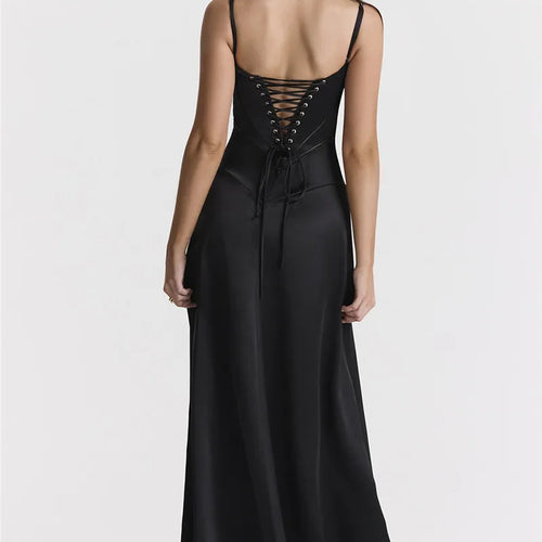Load image into Gallery viewer, Lace-up Satin Maxi Slipdress Women Black Spaghetti Strap Sleeveless Backless Maxi Dress Femme Club Party Evening Dress
