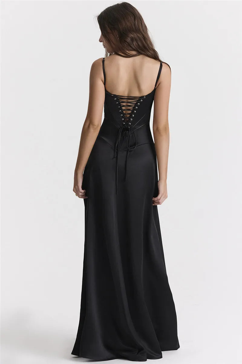 Lace-up Satin Maxi Slipdress Women Black Spaghetti Strap Sleeveless Backless Maxi Dress Femme Club Party Evening Dress