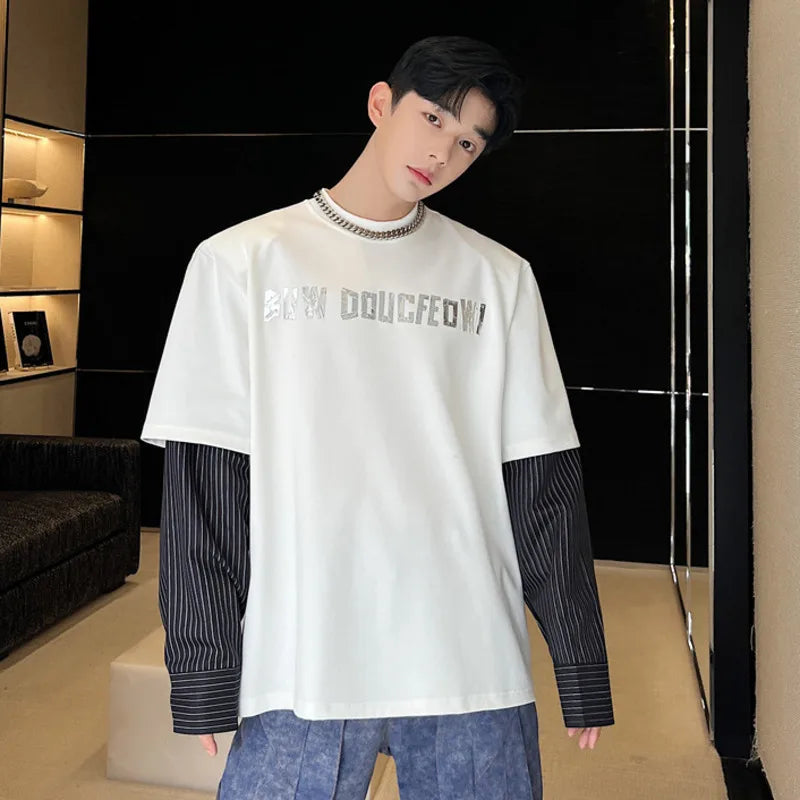 Men's Sweatshirt New Korean Striped Top Fashion Long Sleeve Splicing Pyrographic Summer Loose Niche Male Clothing 9W1581