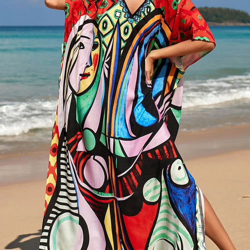 Load image into Gallery viewer, Colorful Kaftan Tunic Beach Cover Up Cover-ups Beach Dress Beach Wear Beachwear Loose Maxi Dress Female Women V4428
