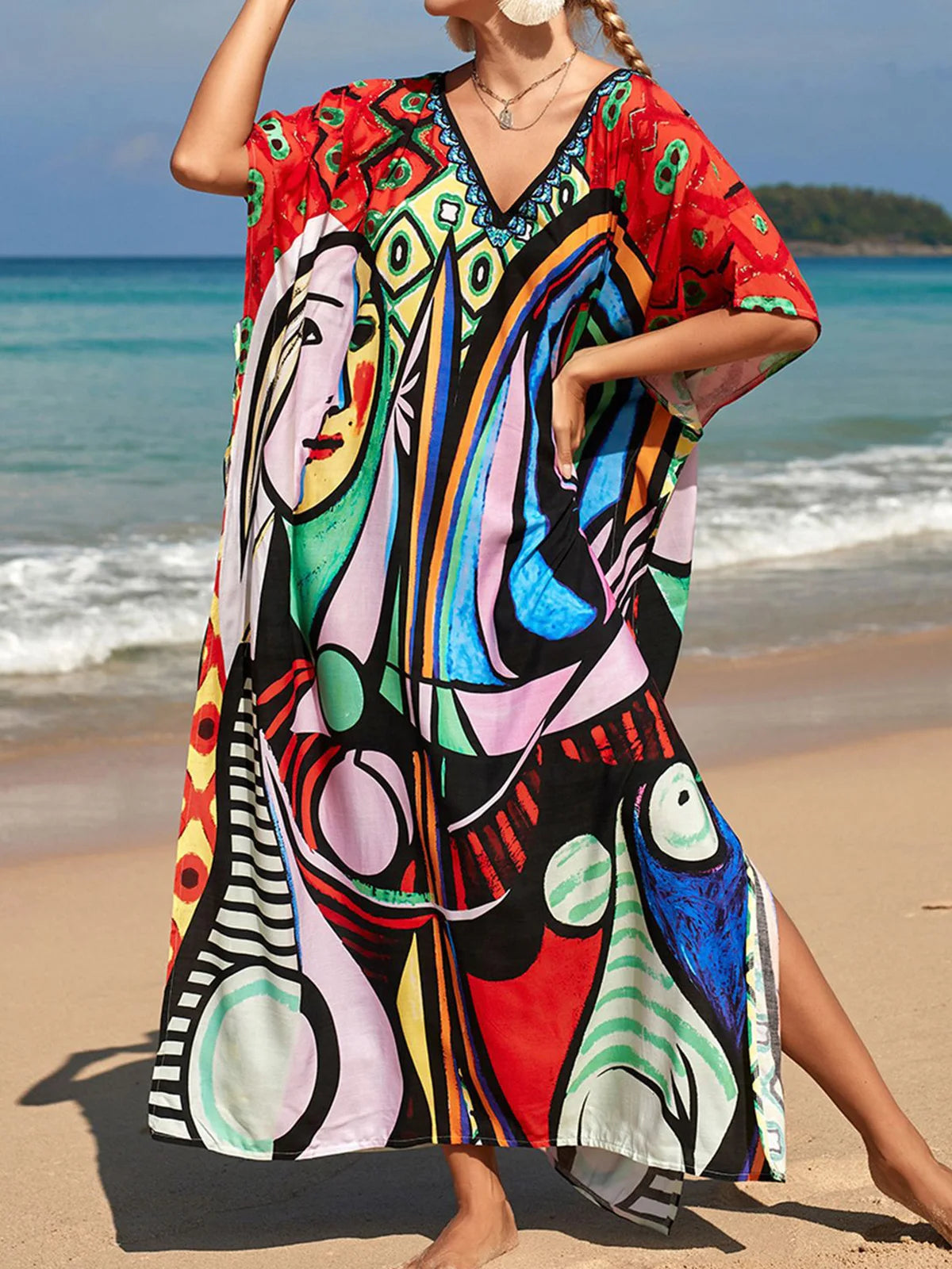 Colorful Kaftan Tunic Beach Cover Up Cover-ups Beach Dress Beach Wear Beachwear Loose Maxi Dress Female Women V4428