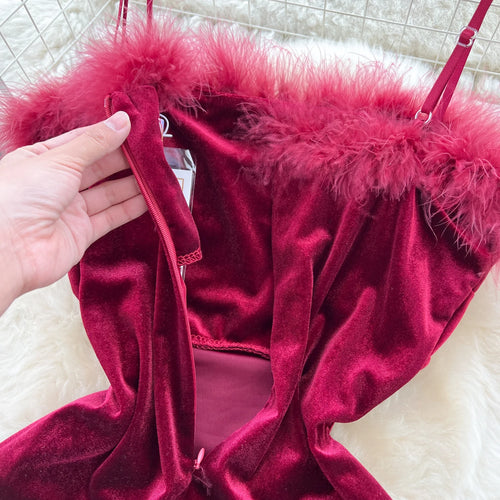 Load image into Gallery viewer, French Red Sexy Elegant Hairy Patchwork Velvet Slip Dress Spring Summer Vintage Black Evening Party Club Midi Dress Women Simple
