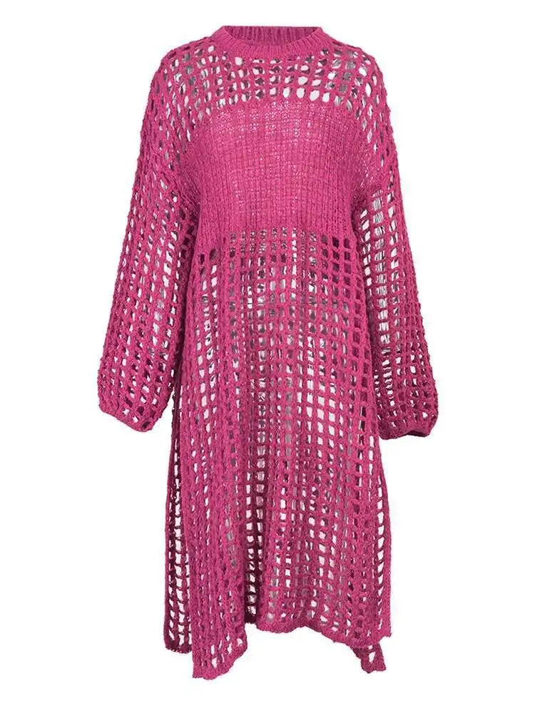 Women Black Knittng Hollow Out Big Size Long Dress New Round Neck Long Sleeve Fashion Tide Spring Autumn 2025 5WA10401