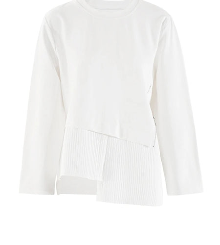 Women White Irregular Hem Big Size Casual T-shirt New Round Neck Long Sleeve Fashion Tide Spring Autumn 2025 CPG1909