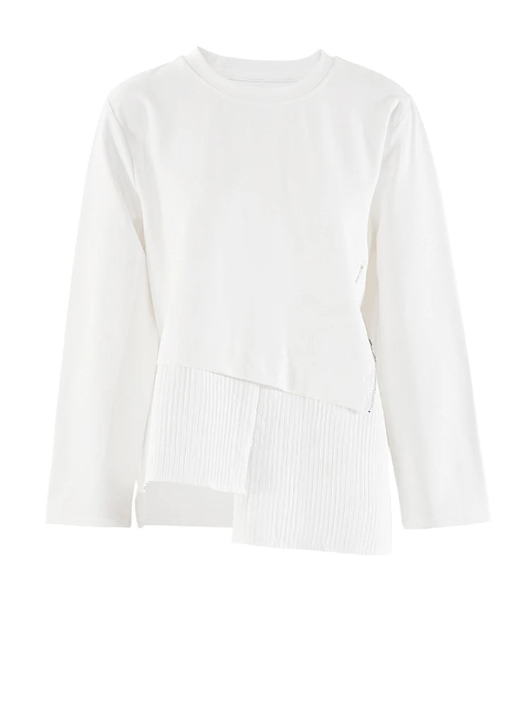 Women White Irregular Hem Big Size Casual T-shirt New Round Neck Long Sleeve Fashion Tide Spring Autumn 2025 CPG1909