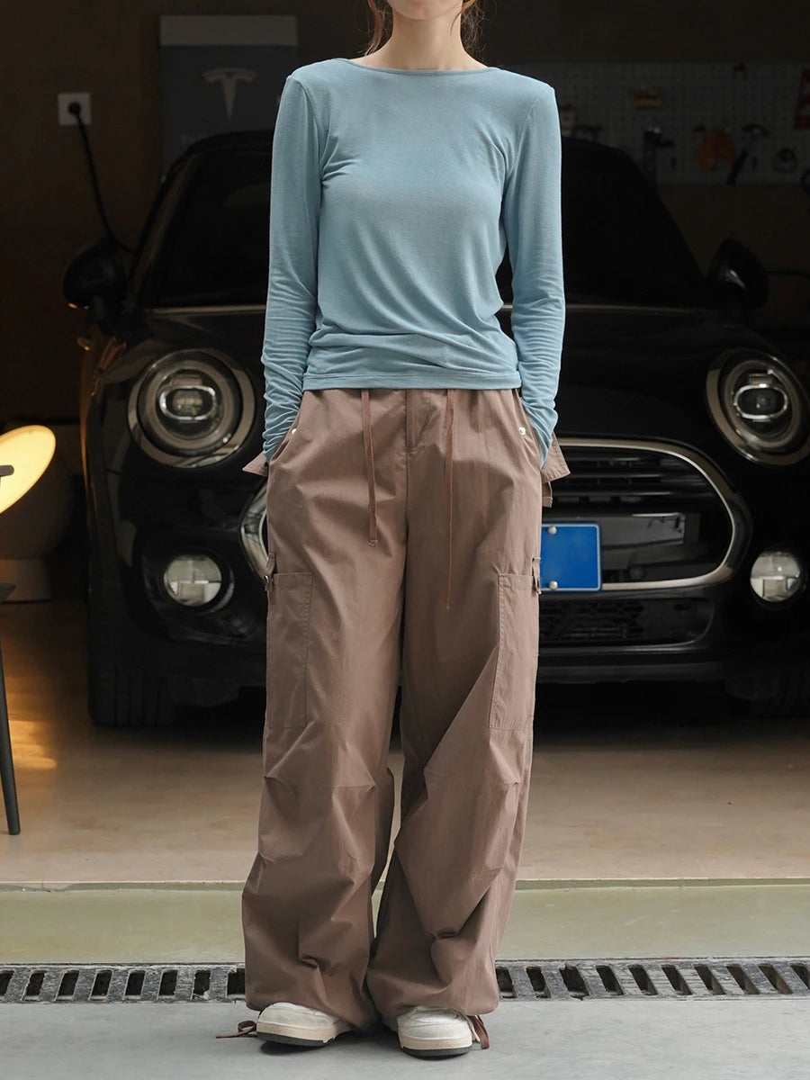 Women White Brief Backlesss Elegant Slim T-shirt New Round Neck Long Sleeve Fashion Tide Spring Summer 2025 1DJ1477