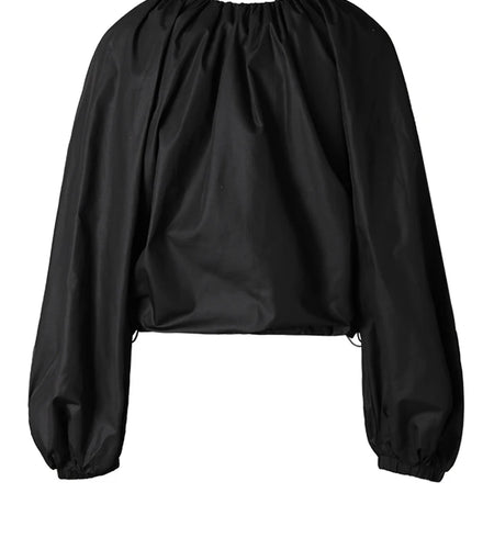 Women Black Drawstring Big Size Short Blouse New Round Neck Lantern Sleeve Shirt Fashion Tide Spring Autumn 2025 CPG2612