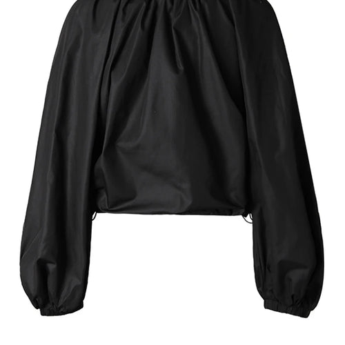 Load image into Gallery viewer, Women Black Drawstring Big Size Short Blouse New Round Neck Lantern Sleeve Shirt Fashion Tide Spring Autumn 2025 CPG2612
