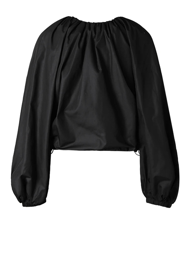 Women Black Drawstring Big Size Short Blouse New Round Neck Lantern Sleeve Shirt Fashion Tide Spring Autumn 2025 CPG2612