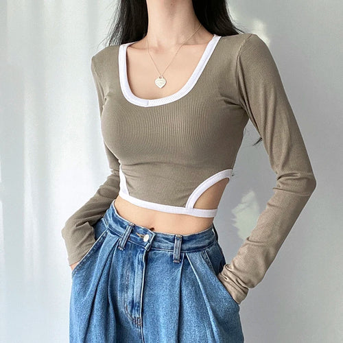 Load image into Gallery viewer, Casual Stripe Stitch Skinny Crop Top Autumn Tee Female Clothing Korean Fashion Cut out T shirt Basic All-Match Shirts
