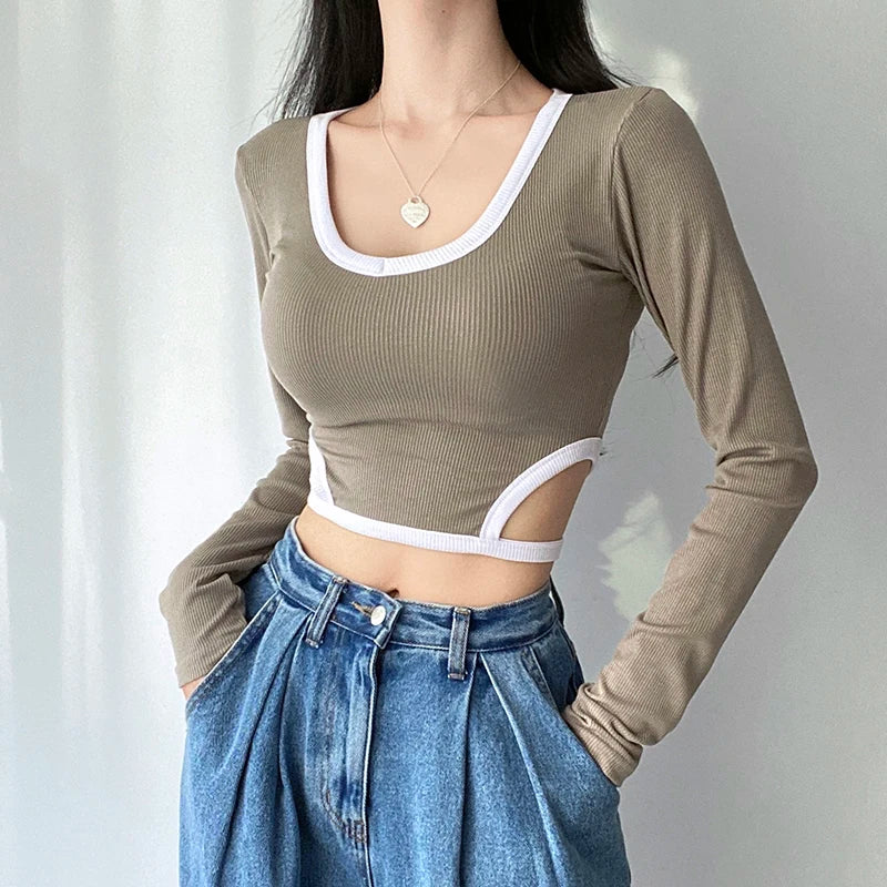 Casual Stripe Stitch Skinny Crop Top Autumn Tee Female Clothing Korean Fashion Cut out T shirt Basic All-Match Shirts