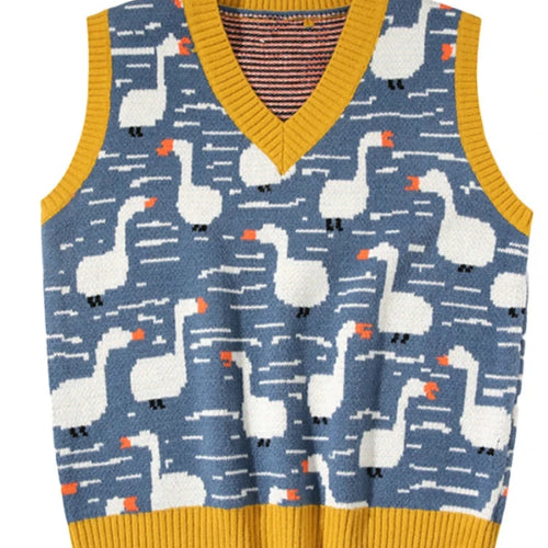 Load image into Gallery viewer, Winter Women Sweater Vest Chic Cartoon Duck Embroidery Jacquard Knitted Sleeveless V-neck Sweet Sweaters Girl Pullovers Top
