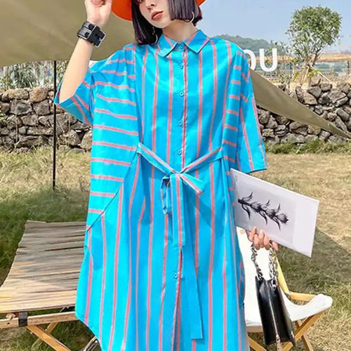 Load image into Gallery viewer, Women Blue Striped Bandage Big Size Knee-Length Shirt Dress New Lapel Long Sleeve Fashion Tide Spring Autumn 2025 1DH4539
