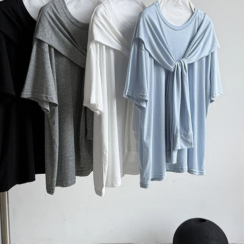 Load image into Gallery viewer, Women White Bandage Brief Big Size Casual T-shirt New Round Neck Half Sleeve Fashion Tide Spring Summer 2025 1DJ0722
