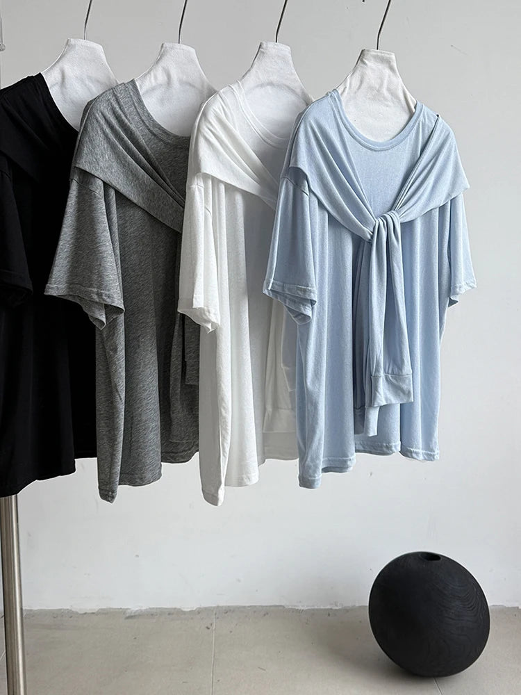 Women White Bandage Brief Big Size Casual T-shirt New Round Neck Half Sleeve Fashion Tide Spring Summer 2025 1DJ0722