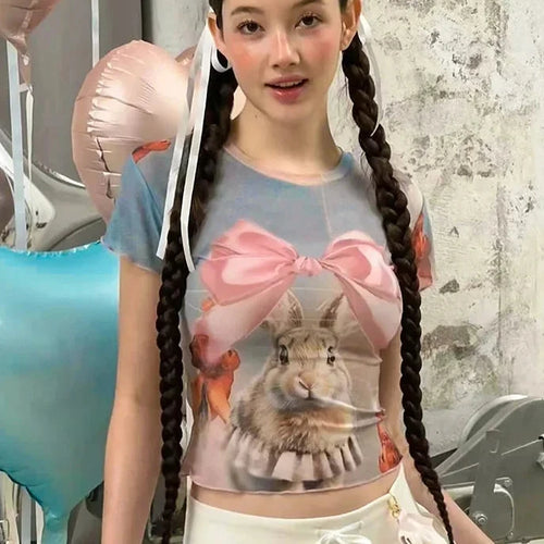 Load image into Gallery viewer, Bow Rabbit Print T Shirts Graphic Tee 2000s Clothes Y2k Cute Girls See Through Mesh Crew Neck Crop Tops P85-AE10
